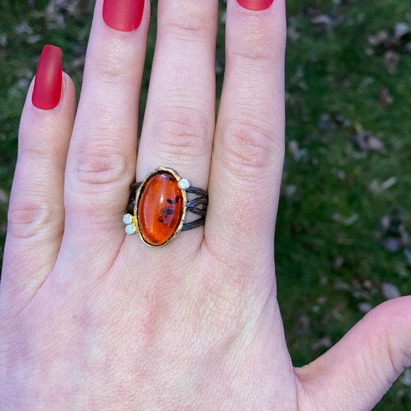 Natural Oval Amber Gemstone Ring Sz 7.75 Silver with Black Rhodium Gold - Picture 5 of 8